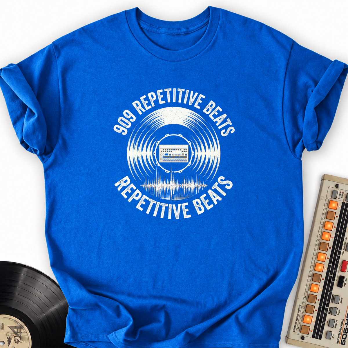 909 Repetitive Beats T-Shirt – Royal flat lay