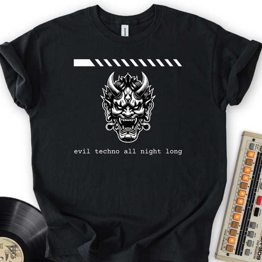 Evil Techno All Night Long T-Shirt – Black flat lay