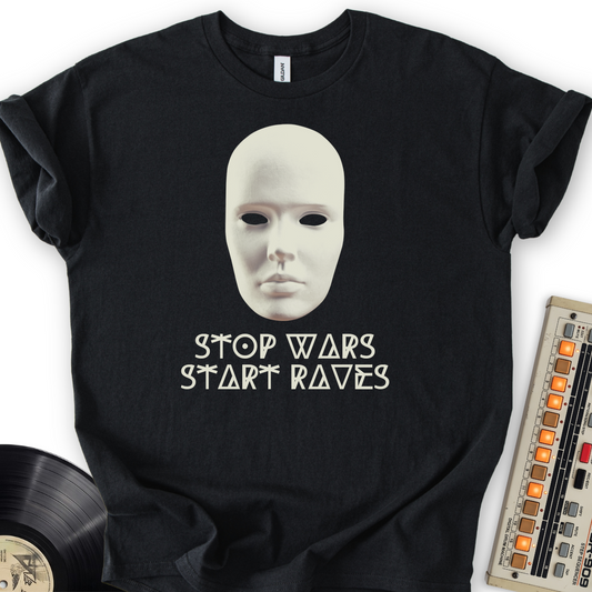 Stop Wars Start Raves T-Shirt – Black flat lay