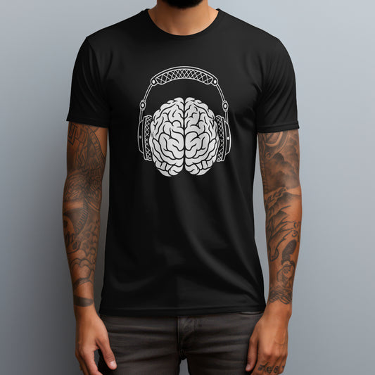 brain with headphones black