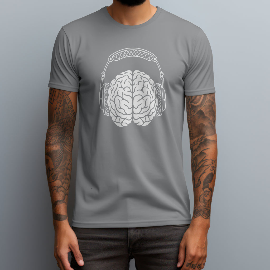 brain with headphones gray