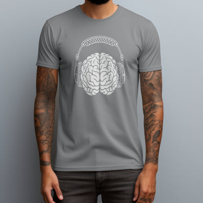 brain with headphones gray