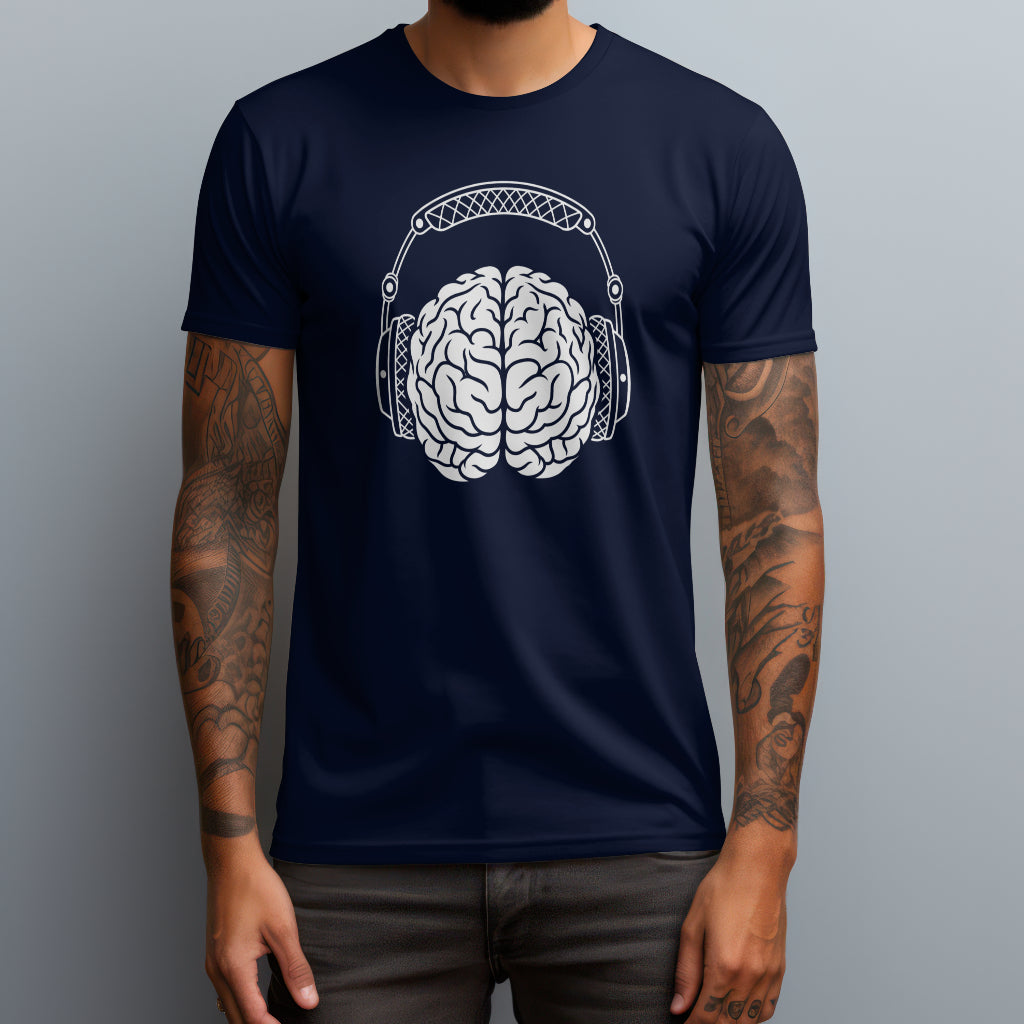 brain with headphones navy