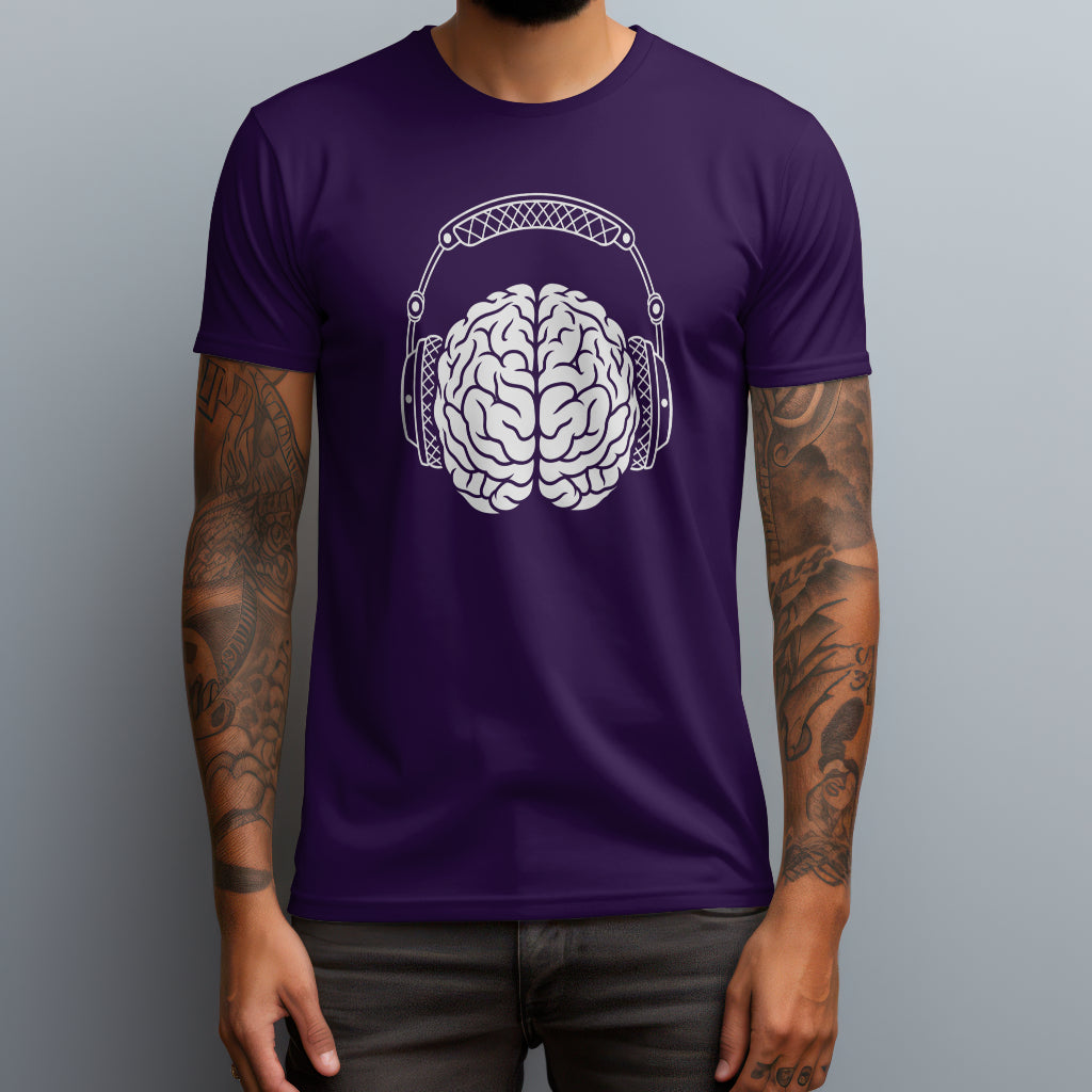 brain with headphones purple