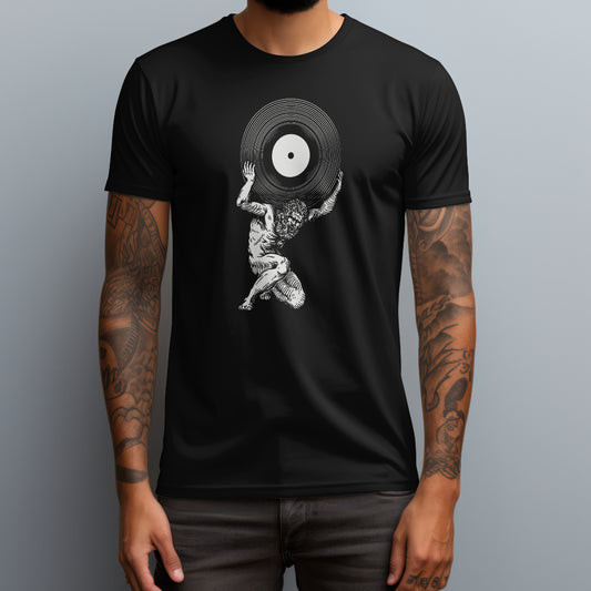 greek god carrying a vinyl black