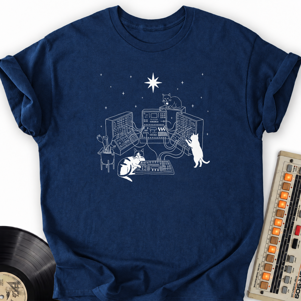 Synthesizers And Cats T-Shirt – Navy flat lay