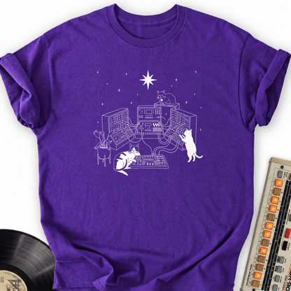 Synthesizers And Cats T-Shirt – Purple flat lay