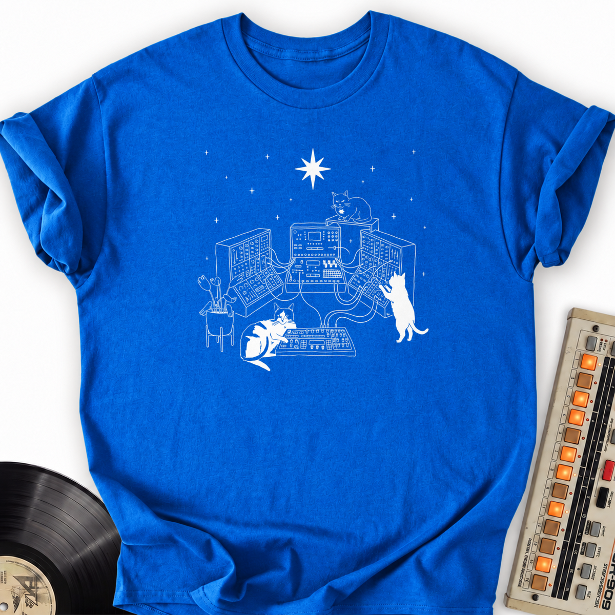 Synthesizers And Cats T-Shirt – Royal flat lay