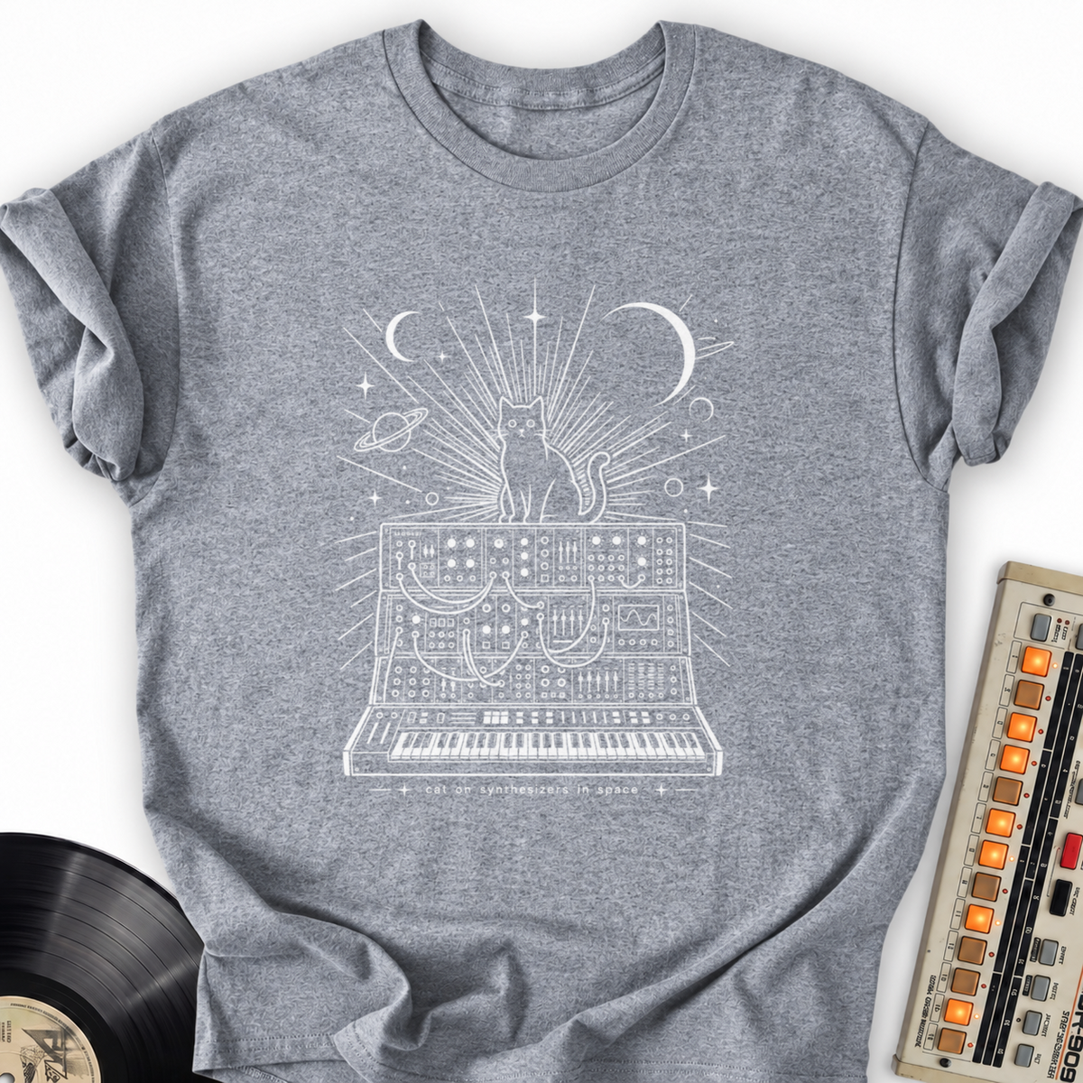 cat on synthesizers gray